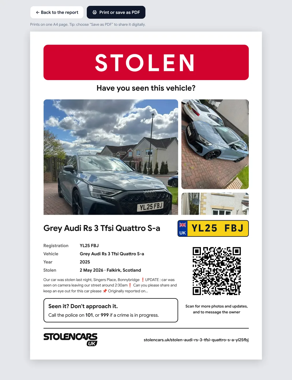 An example A4 stolen car flyer from StolenCars.uk with photos, number plate and QR code